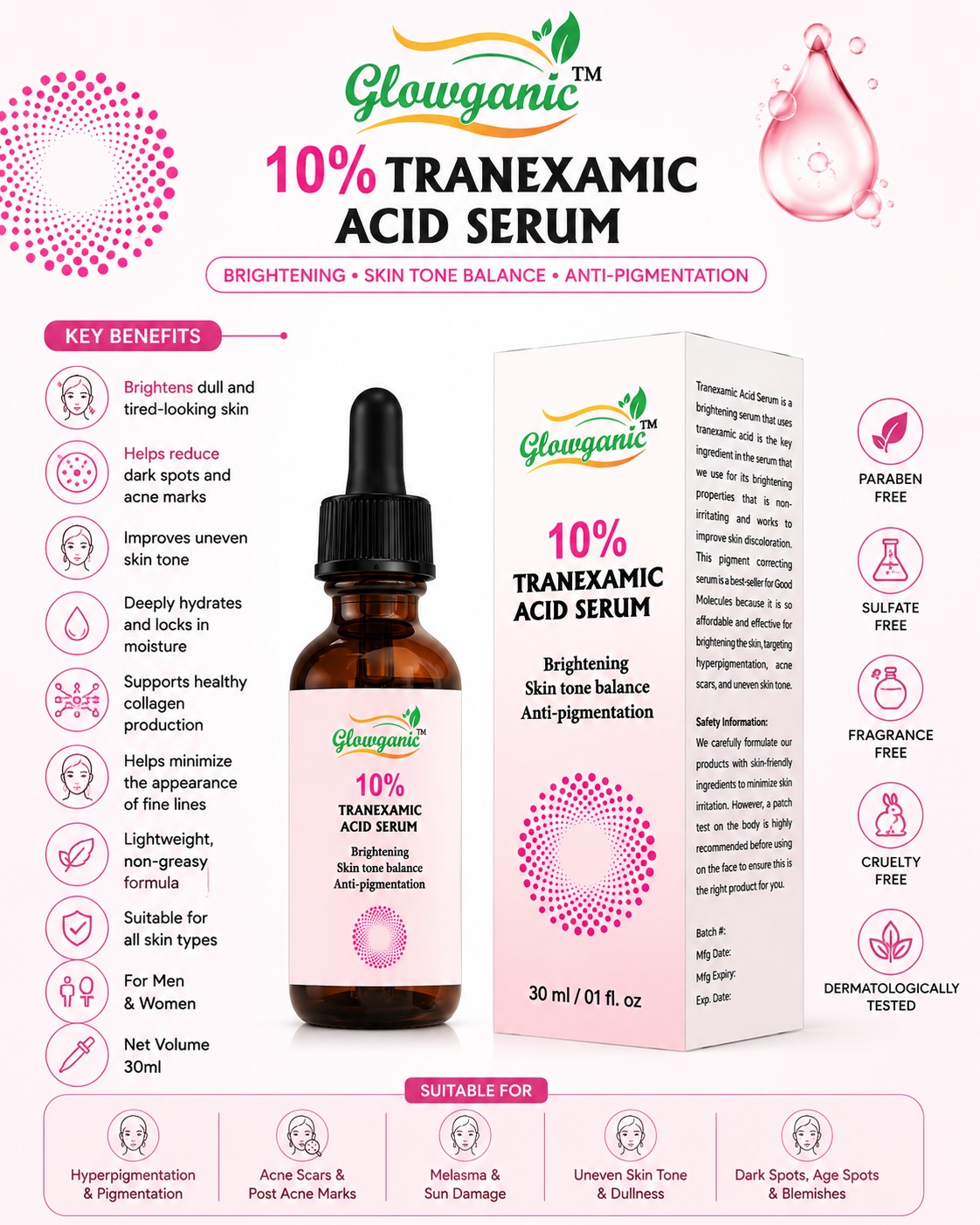 Glowganic Tranexamic Acid Face Serum 30ml – Skin Brightening & Dark Spot Correcting Serum Pakistan - Image 3