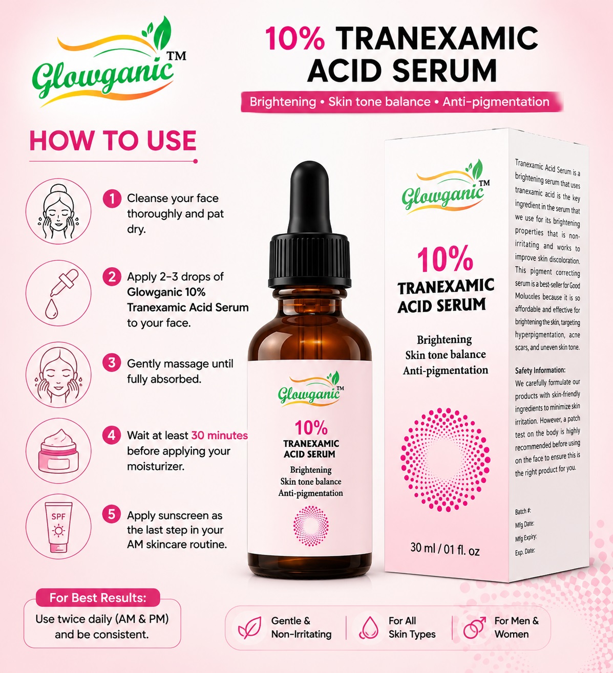 Glowganic Tranexamic Acid Face Serum 30ml – Skin Brightening & Dark Spot Correcting Serum Pakistan - Image 4