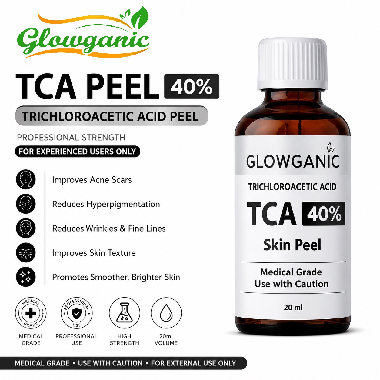 TCA Peel 40% Trichloroacetic Acid Peel 20ml for acne scars, pigmentation, wrinkles, and skin resurfacing.