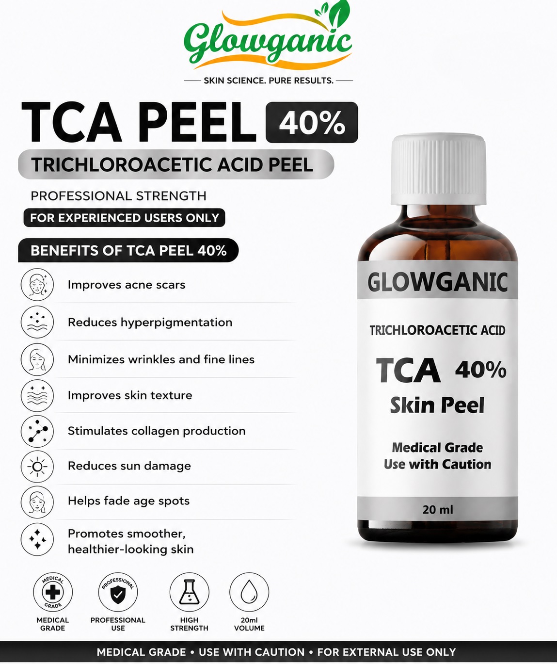 TCA Peel 40% Trichloroacetic Acid Peel 20ml for acne scars, pigmentation, wrinkles, and skin resurfacing.
