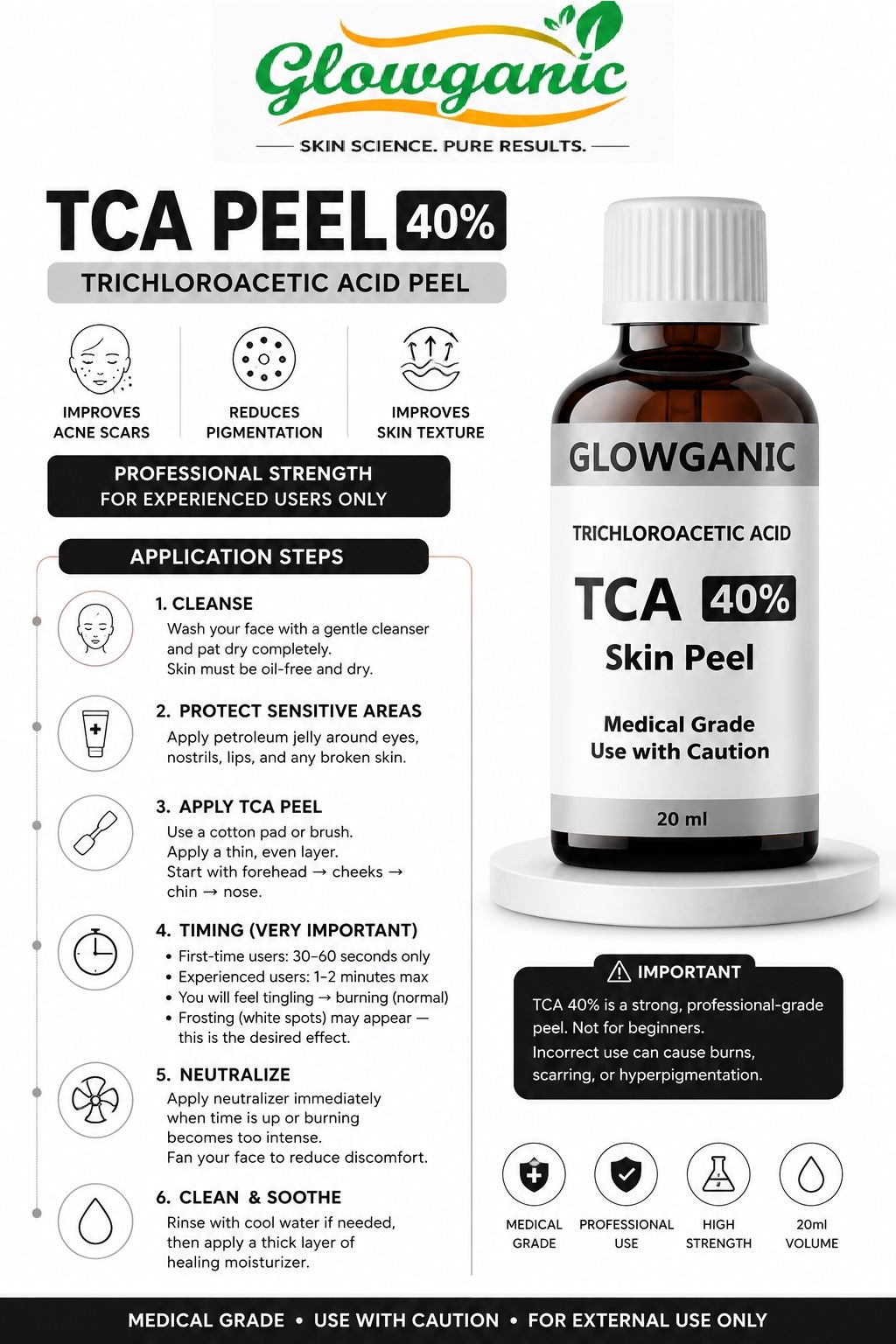 TCA Peel 40% Trichloroacetic Acid Peel 20ml for acne scars, pigmentation, wrinkles, and skin resurfacing.