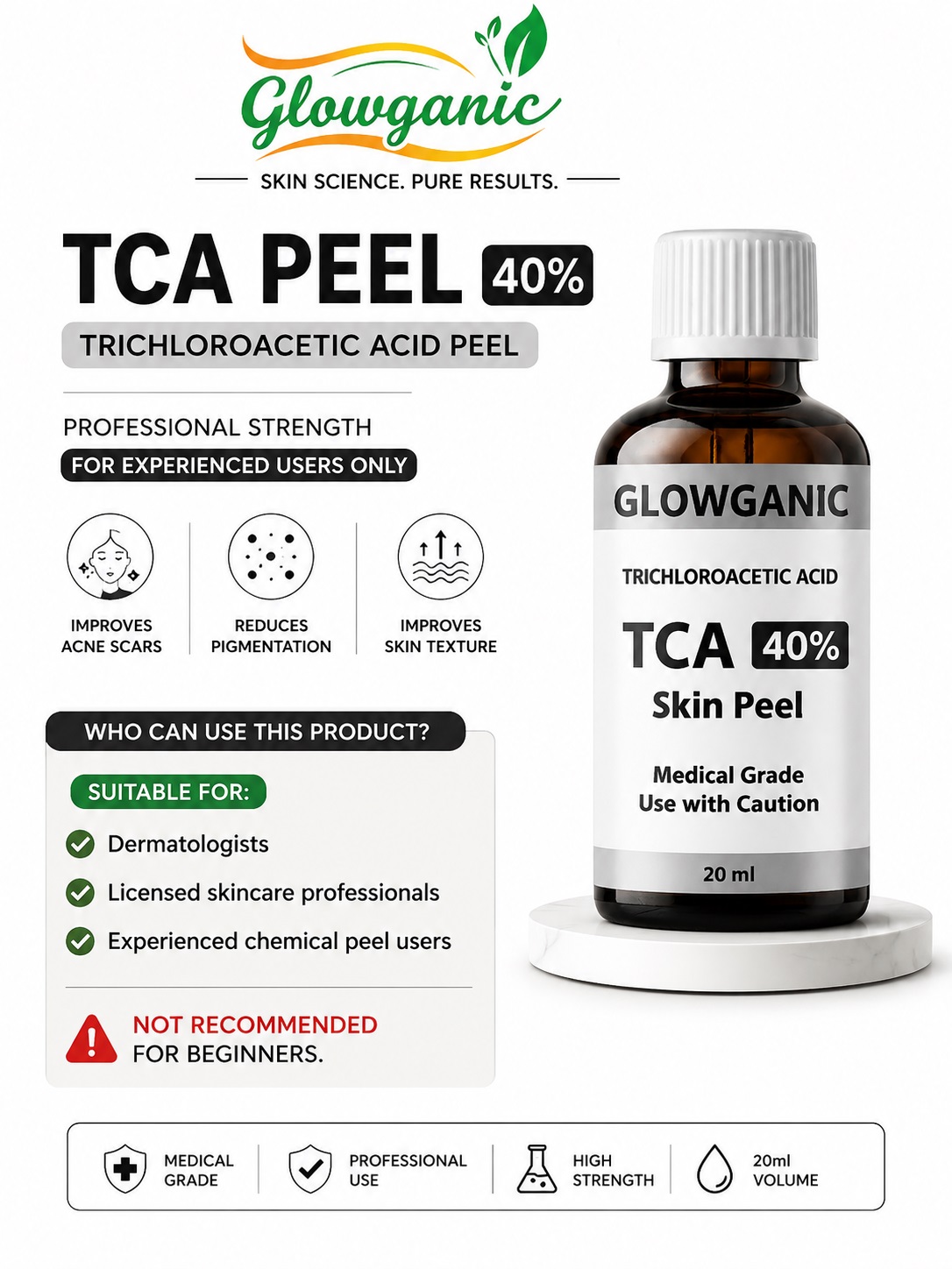 TCA Peel 40% Trichloroacetic Acid Peel 20ml for acne scars, pigmentation, wrinkles, and skin resurfacing.